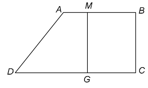 Trapez dreptunghic ABCD (AB sus, DC jos, BC perpendiculară pe ambele) împărțit de segmentul MG, paralel cu BC, în trapezul AMGD (salonul) și dreptunghiul MBCG (camera de zi).