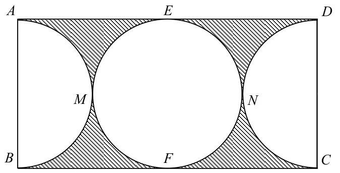Figura 3: dreptunghiul ABCD (AB latura verticală din stânga) cu un semicerc pe AB, un semicerc pe DC și un cerc în mijloc tangent la AD în E și la BC în F; cercul atinge semicercurile în M și N; zonele dintre ele sunt hașurate.