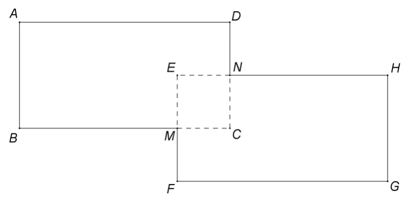 Figura 2: două dreptunghiuri ABCD și EFGH care se suprapun pe pătratul punctat MCNE (M pe BC, N pe AD), formând terasa.