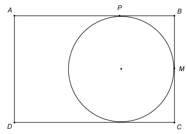 Figura 2: dreptunghiul ABCD cu un cerc (lacul) tangent la laturile AB, BC și CD, în punctele P, M și pe DC.