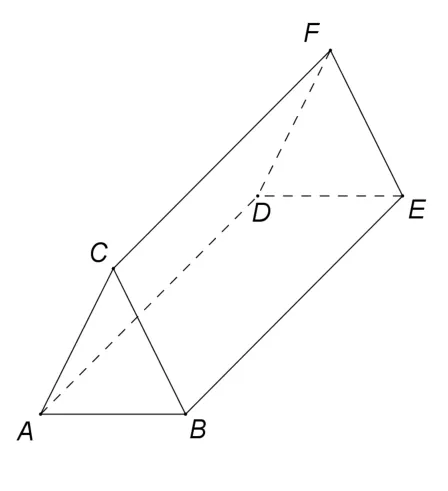 Figura 3: prisma dreaptă triunghiulară ABCDEF (acoperiș), cu bazele triunghiuri echilaterale ABC și DEF.