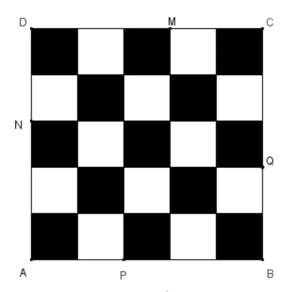 Figura 2: tabla de joc ABCD, 5 × 5 pătrate alternativ negre și albe (colțurile negre), cu punctele P pe AB, Q pe BC, M pe CD și N pe DA.