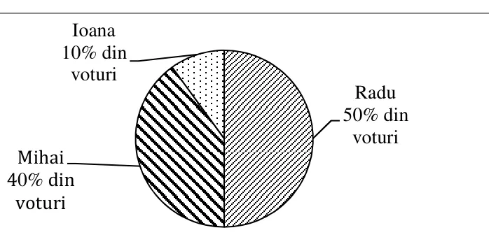 Diagramă circulară a voturilor: Radu 50%, Mihai 40%, Ioana 10%.