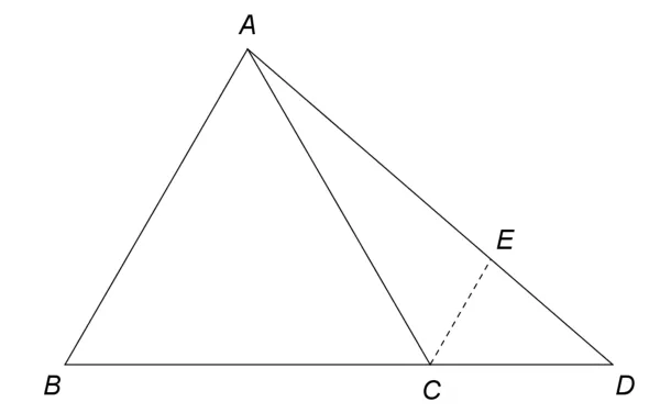Figura 2: triunghiul echilateral ABC cu D pe prelungirea lui BC dincolo de C; E pe AD, segmentul CE trasat punctat.
