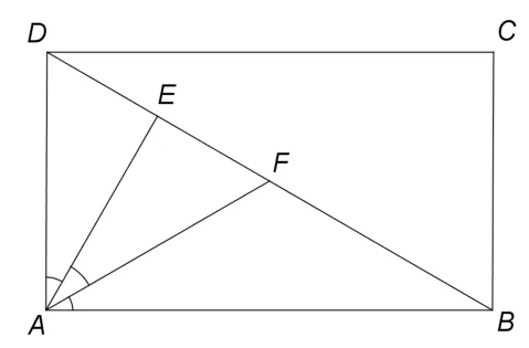 Figura 2: dreptunghiul ABCD, cu A jos-stânga, B jos-dreapta, C sus-dreapta, D sus-stânga; E și F sunt pe diagonala DB, în ordinea D, E, F, B; AE și AF împart unghiul DAB în trei unghiuri egale.