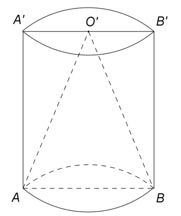 Figura 3: cilindru circular drept, cu AB diametru al bazei de jos, A'B' diametru al bazei de sus, O' mijlocul lui A'B'; sunt trasate A'B și AO'.