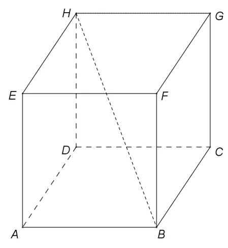 Figura 1: cubul ABCDEFGH cu diagonala BH trasată punctat.