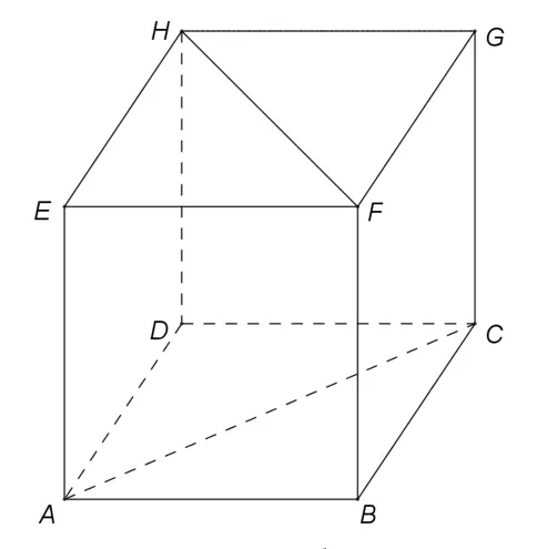 Figura 1: cubul ABCDEFGH cu baza ABCD și fața de sus EFGH; diagonalele AC și FH trasate.