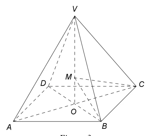 Figura 3: piramida patrulateră regulată VABCD cu înălțimea VO și punctul M pe VO; segmentele MB și MC trasate.