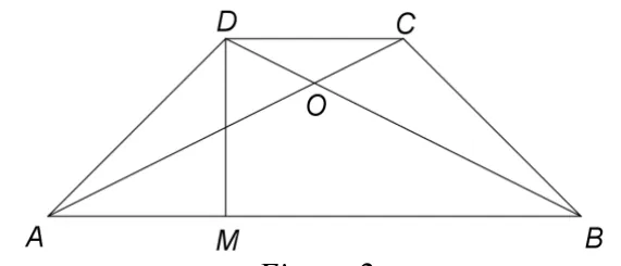 Figura 2: trapezul isoscel ABCD cu diagonalele care se intersectează în O și înălțimea DM.