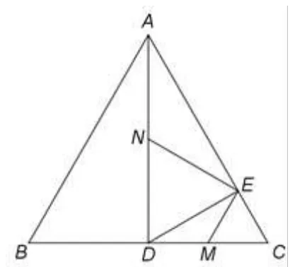 Figura 2: triunghiul echilateral ABC, înălțimea AD, M mijlocul lui DC, N mijlocul lui AD și E piciorul perpendicularei din D pe AC; sunt trasate ME și NE.