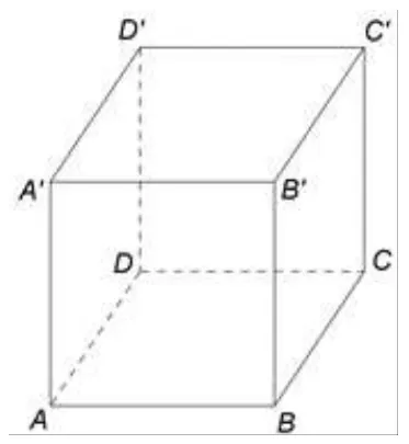 Figura 1: cubul ABCDA'B'C'D', cu baza ABCD și baza superioară A'B'C'D'; AC este diagonala bazei pătrate.