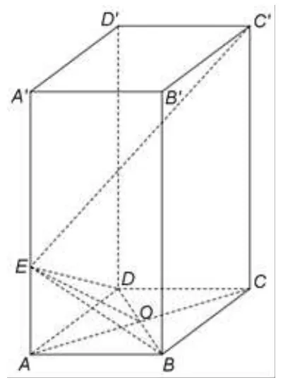 Figura 3: paralelipiped dreptunghic ABCDA'B'C'D', cu E pe AA' și O în centrul bazei ABCD; sunt trasate diagonalele bazei, EO și EC'.