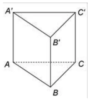 Figura 1: prisma triunghiulară ABCA'B'C', cu bazele triunghiuri echilaterale; AC este muchie ascunsă.