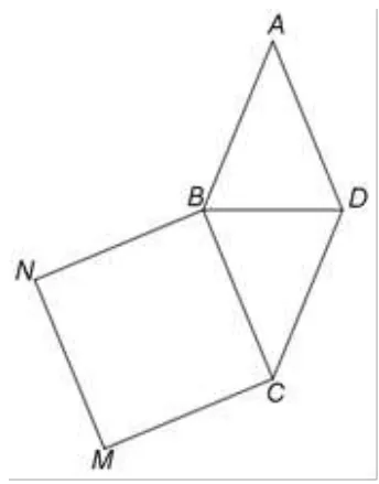 Figura 2: rombul ABCD, cu A sus și C jos, și pătratul BCMN construit în exterior, la stânga laturii BC; B este pe segmentul AM.