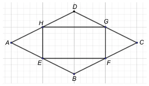 Rombul ABCD pe caroiaj, cu dreptunghiul EFGH format de mijloacele laturilor.