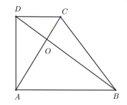 Trapezul dreptunghic ABCD cu diagonalele AC și BD perpendiculare, intersectate în O.