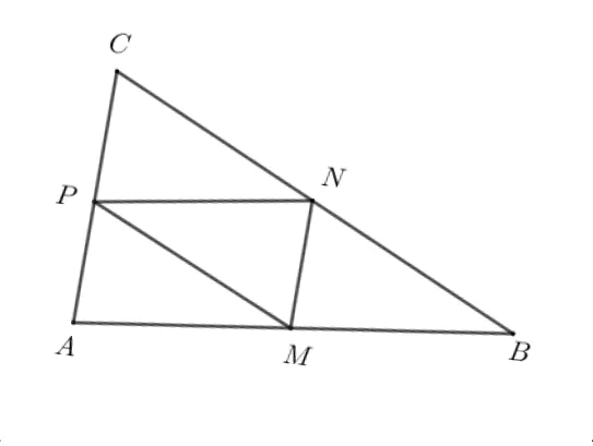 Triunghiul ABC cu M, N, P mijloacele laturilor AB, BC, AC; triunghiul MNP trasat.