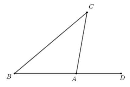 Triunghiul isoscel ABC; latura BA este prelungită dincolo de A până în D.
