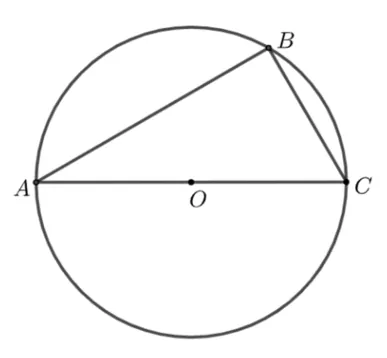 Cercul de centru O cu diametrul AC și punctul B pe cerc; triunghiul ABC este trasat.