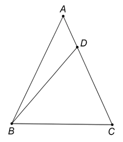 Triunghiul isoscel ABC cu vârful A sus; D pe latura AC și segmentul BD trasat.