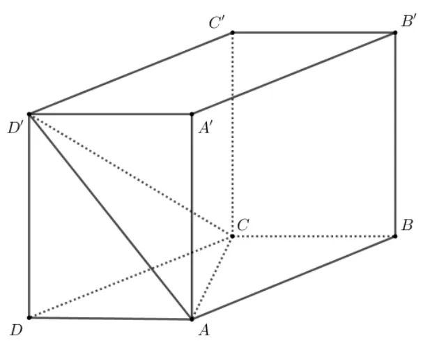 Paralelipipedul dreptunghic ABCDA'B'C'D' cu planul ACD' marcat prin segmentele AC, CD' și AD'.