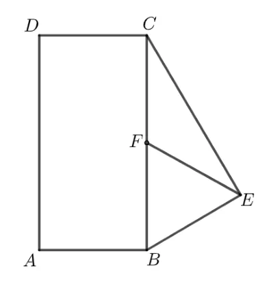 Dreptunghiul ABCD și triunghiul BEC dreptunghic în E, construit în exterior pe latura BC; F mijlocul lui BC, segmentul EF trasat.