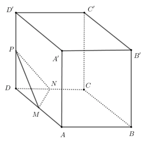 Cubul ABCDA'B'C'D' cu M, N, P mijloacele muchiilor AD, DC și DD'; triunghiul MNP este trasat.