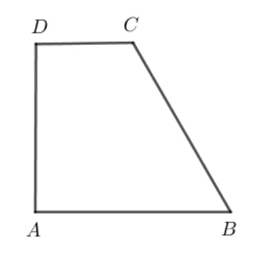 Trapezul dreptunghic ABCD cu baza mare AB jos, baza mică DC sus și latura AD perpendiculară pe baze.