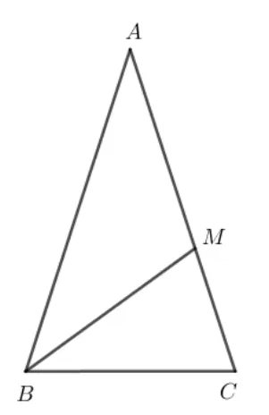 Triunghiul isoscel ABC cu vârful A sus; punctul M pe latura AC și segmentul BM trasat.