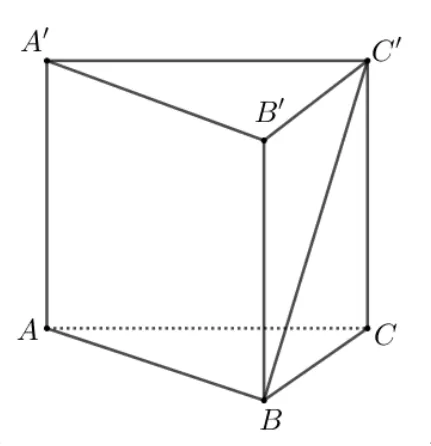 Prisma dreaptă triunghiulară ABCA'B'C' cu diagonala laterală BC' trasată.